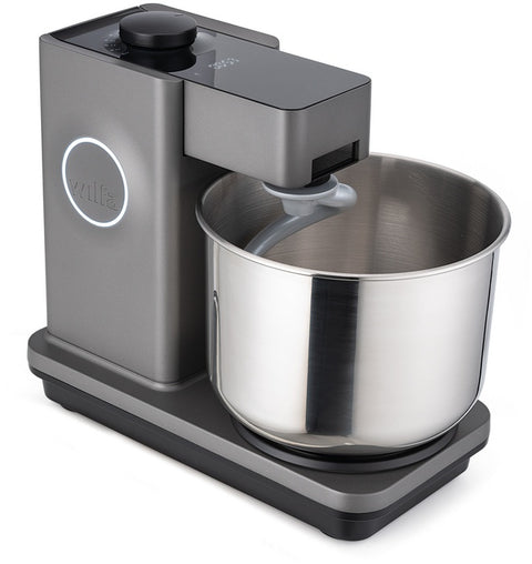 Die Wilfa Küchen- & Knetmaschine Probaker mit Timer Grau ist eine elegante Küchenmaschine mit großer Edelstahlschüssel, Bedienknopf und glänzendem Akzentkreis, die hervorragende Backergebnisse gewährleistet und perfekt auf jede Küchenarbeitsplatte passt.