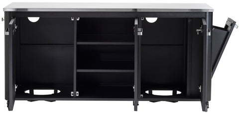 Die Cozze Aussenküche 180 mit Edelstahltischplatte präsentiert sich in einem schwarzen Schrank mit mehreren offenen Fächern und zwei runden Bodenflächen als Stauraum. Dank des rechtsseitigen Auszugs eignet sie sich ideal für eine Outdoor-Küche.