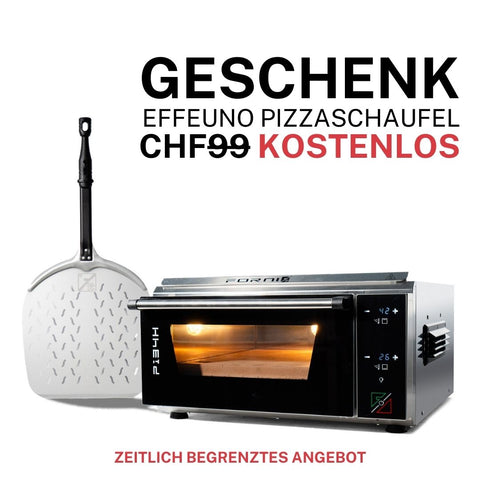 Abbildung eines Effeuno Pizzaofens P134H PRO 509°C mit Pizzaschaufel. Beim Kauf dieses Ofens (Preis: CHF 99) erhalten Sie ein Gratisgeschenk für beste Pizzaqualität. Angebot zeitlich begrenzt.