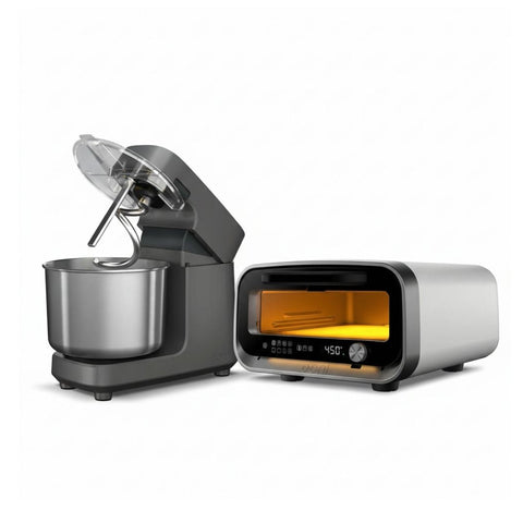 Das Ooni Volt 2 Elektro Pizzaofen & Halo Pro Spiral-Knetmaschine Bundle von Ooni verfügt über einen Pizzaofen mit digitaler Anzeige bei 450°F und beleuchtetem Innenraum neben einem Metallspiralmixer mit offenem Deckel und Schüssel.