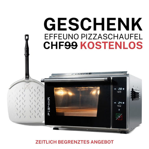 Ein Bild zeigt den Effeuno Pizzaofen P134HA PRO 509°C mit einstellbarer Temperatur und einer Pizzaschaufel aus Metall. Dieser in Italien gefertigte Premium-Ofen bietet jetzt beim Kauf für nur 99 CHF eine kostenlose Schaufel. Zeitlich begrenztes Angebot.