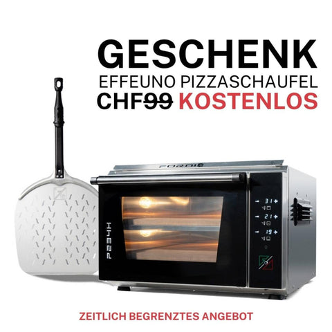 Der Pizzaofen EffeUno P234H PRO 509°C verfügt über eine transparente Tür mit Bedienelementen, einen Pizzaschieber aus Metall und bietet eine zeitlich begrenzte „Geschenk“- und „CHF 99 gratis“-Aktion in deutscher Sprache. Ideal für die perfekte Zubereitung authentischer neapolitanischer Pizzen.
