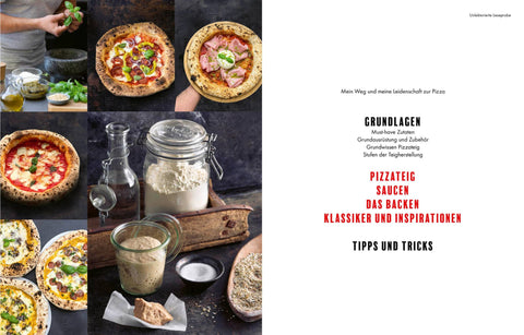 Eine Bildercollage zum Thema Pizzabacken für echte Pizza-Passion (Sven Teichmann): frische Zutaten, Teig kneten, verschiedene Pizzen mit unterschiedlichem Belag und Küchenutensilien. Die rechte Seite enthält einen deutschen Text mit Themen wie Grundlagen, Teig, Pizzabacken, Saucen, Klassiker, Inspirationen und Tipps. Erschienen bei Ava Verlagsauslieferung.
