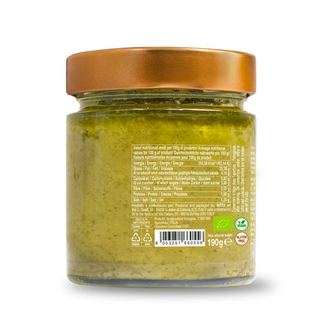Ein klares Glasgefäß mit einem goldfarbenen Metalldeckel, gefüllt mit Convivias grüner Bio-Auberginen-Pastete Convivia, hergestellt mit nativem Olivenöl extra. Das Etikett zeigt detaillierte Nährwertangaben und verschiedene Zertifizierungslogos, darunter Bio und glutenfrei. Das Nettogewicht des Glases beträgt 190 Gramm.
