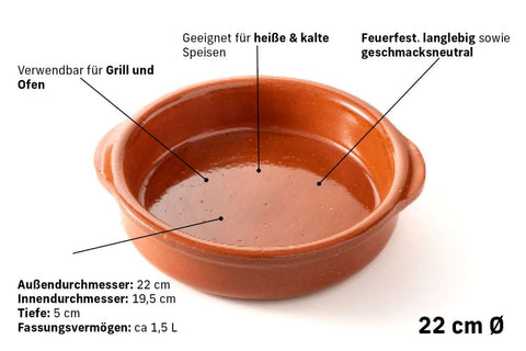 Abgebildet ist eine FUMOSA keramische Pizzaofen-Grillschale von Fumosa mit Beschreibungen in Deutsch. Wichtige Punkte sind die Eignung zum Grillen, für den Einsatz im Ofen und für warme und kalte Speisen. Diese feuerfeste Keramikschale hat einen Außendurchmesser von 22 cm, einen Innendurchmesser von 19,5 cm, eine Tiefe von 5 cm und ein Fassungsvermögen von 1,5 l.