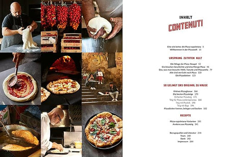 Eine Bildcollage auf der linken Seite veranschaulicht den Herstellungsprozess der Pizza Napoletana vom Kneten des Teigs und Zubereiten des Belags bis hin zum Backen und Präsentieren der fertigen Pizza. Auf der rechten Seite wird ein Inhaltsverzeichnis mit den Titeln „INHALT“ und „CONTENUTI“ angezeigt, das Abschnitte aus Domenico Gentiles Kochbuch „Pizza Napoletana: So gelingt das Original zuhause – Tradition, Geheimnisse, Rezepte“ von Ava Verlagsauslieferung enthält.