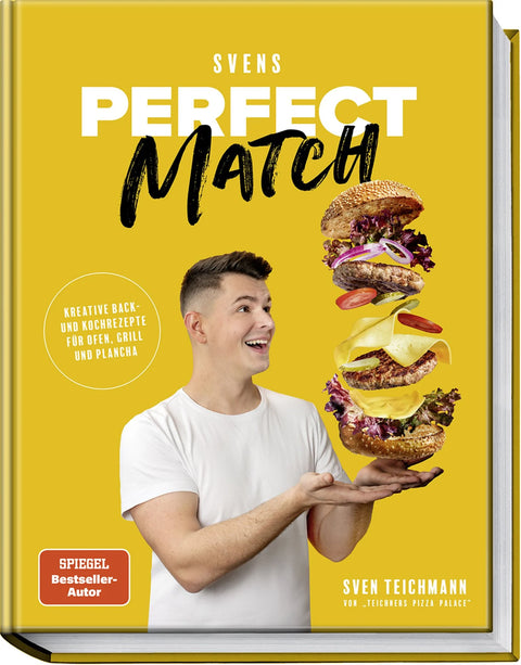 Ein lächelnder Mann zeigt auf schwebende Burger auf dem gelben Cover von „Svens Perfect Match – Kreative Back- und Grillrezepte für Ofen, Grill und Plancha“ von Teichners mit rotem „Spiegel Bestseller-Autor“-Aufdruck.