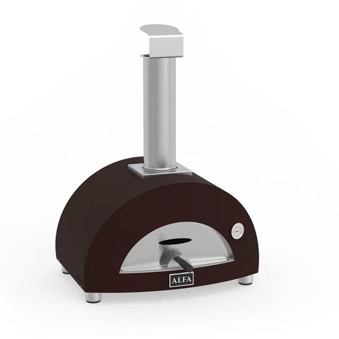 Der Alfa Forni Moderno One Holz-Pizzaofen verfügt über einen kompakten, dunkel gewölbten Korpus mit einem Edelstahlkamin, ideal für authentische neapolitanische Pizza. Er verfügt über ein kleines, klares Fenster und eine Temperaturanzeige auf der Vorderseite, auf der der Markenname „Alfa Forni“ deutlich zu sehen ist.