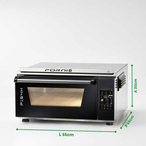 Auf weißem Hintergrund ist der Pizzaofen Effeuno P134H 509°C Evolution mit Biscotto Pizzastein abgebildet, der ein elegantes Metalldesign aufweist. Dieser Ofen, der perfekt für neapolitanische Pizzaqualität geeignet ist, verfügt über eine durchsichtige Vordertür und ein digitales Bedienfeld auf der rechten Seite. Die Maße in Grün sind angegeben: Höhe 30 cm, Breite 55 cm und Tiefe 56 cm. Die Marke des Ofens ist Effeuno.