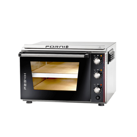 Ein Toasterofen aus Edelstahl mit schwarzer Frontplatte. Er hat eine Glastür, hinter der sich zwei Innenregale befinden, perfekt zum Backen von Pizzas, wie der Pizzaofen Effeuno P234H 509°C mit 2 Backkammern. Die Frontplatte umfasst auf der rechten Seite drei Bedienknöpfe, während oben der Markenname „Effeuno“ angezeigt wird.