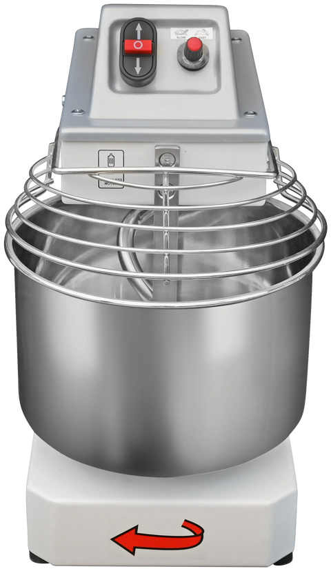 Der Famag Grilletta IM 5 Spiralkneter 10V HH, ein großer, metallischer Industrie-Standmixer von Famag Grilletta, verfügt über ein Bedienfeld mit deutlich erkennbaren roten und schwarzen Tasten. Er wurde speziell für den professionellen Einsatz entwickelt und verfügt über einen Schutzdraht über der Rührschüssel. Er ist auf einem weißen Sockel montiert, der mit einem roten Pfeil nach links verziert ist.
