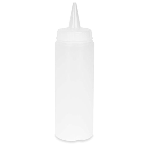 Eine durchsichtige FUMOSA-Dosierflasche aus Kunststoff (2er-SET) mit konischer Tülle und Schraubverschluss, die üblicherweise zum Dosieren von Gewürzen wie Ketchup, Senf oder Saucen verwendet wird. Die spülmaschinengeeignete Flasche von Fumosa ist leer und steht auf einem schlichten weißen Hintergrund.