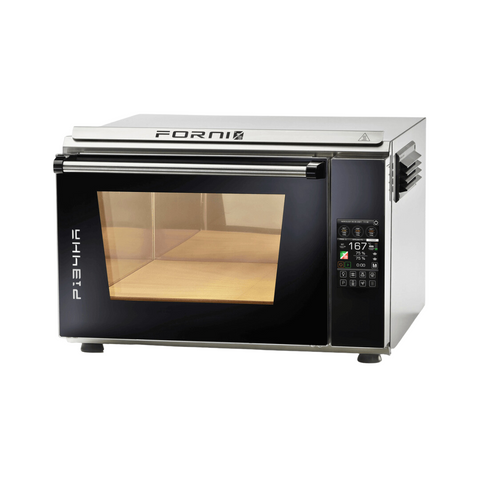 Ein industrieller Pizzaofen Effeuno P134HA 509°C Evolution mit Biscotto Pizzastein für die Arbeitsplatte mit einem digitalen Bedienfeld auf der rechten Seite. Die Ofentür ist schwarz mit einem transparenten Fenster und der Markenname „Effeuno“ ist oben abgebildet. Das Bedienfeld ist ideal zum Backen neapolitanischer Pizza und verfügt über Tasten, einen Bildschirm und mehrere Anzeigen.