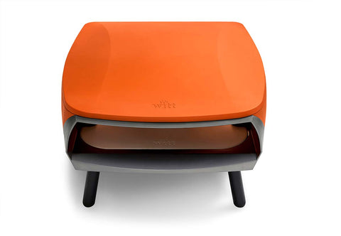 Der Witt ETNA FERMO Gas Pizzaofen von Witt in Orange mit schwarzen Beinen und einem U-förmigen Gasbrenner steht vor einem weißen Hintergrund - ideal zum Backen neapolitanischer Pizzen auf Ihrem Tisch.