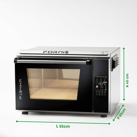 Abbildung eines Edelstahl-Pizzaofens Effeuno P134HA 509°C Evolution mit Biscotto Pizzastein mit klarem Frontfenster und Bedienfeld auf der rechten Seite, perfekt für die Zubereitung neapolitanischer Pizza. Die Maße sind wie folgt: 55 cm Länge, 40 cm Höhe und 50 cm Tiefe. Die Ofenmarke „Effeuno“ ist auf der oberen Frontpartie sichtbar.