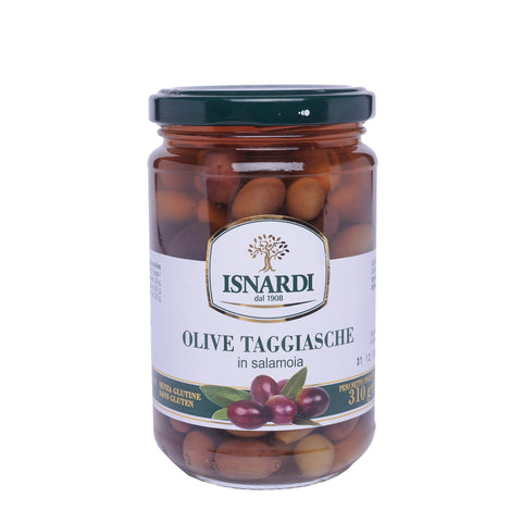 Ein Glas Isnardi Olive Taggiasche mit grünem Deckel und weißem Etikett mit Baumlogo. Auf dem Etikett sind der Produktname und die glutenfreie Angabe sowie ein Bild von Oliven zu sehen. Perfekt für authentische ligurische Rezepte. Das Nettogewicht beträgt 310 Gramm.