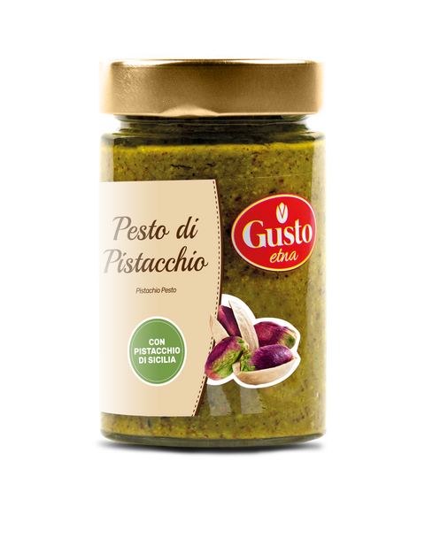 Ein Glas mit „Pizzalovers“ Pesto di Pistacchio in grünlich-brauner Farbe. Auf dem Etikett steht „Pesto di Pistacchio“ und unten ist ein Bild von Bronte-Pistazien zu sehen. Der goldene Deckel ergänzt den grünen Kreis des Etiketts und weist auf „con pistacchio di Sicilia“ hin, was dies zu einer echten Delikatesse macht.