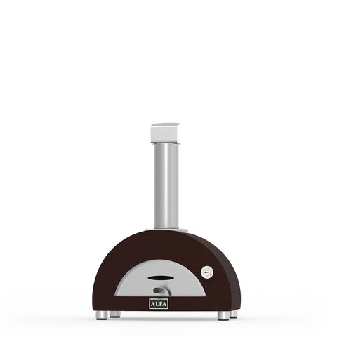 Der Alfa Forni Moderno One Holz-Pizzaofen ist ein eleganter, tragbarer schwarz-silberner Tisch-Pizzaofen mit abgerundeter Oberseite und Kamin. Er verfügt über eine Temperaturanzeige auf der Vorderseite für die Zubereitung neapolitanischer Pizza und zeigt die bekannte Marke „Alfa Forni“ auf einem schlichten weißen Hintergrund.