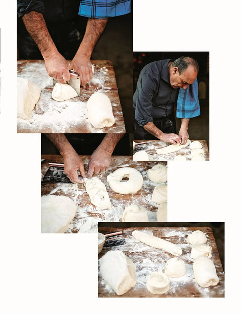 Collage aus drei Bildern, die eine Person in einem dunklen Hemd mit einem blauen Handtuch über der Schulter zeigen, die auf einer bemehlten Oberfläche Teig knetet und formt. Die Fotos fangen die Authentizität italienischer Backkunst ein, da sie verschiedene Schritte der Teigzubereitung zeigen, darunter Schneiden, Rollen und Formen in verschiedene Formen. Dieser Prozess wird in Gennaros Pizza Pane Panettone (Buch) von Ava Verlagsauslieferung wunderschön illustriert.