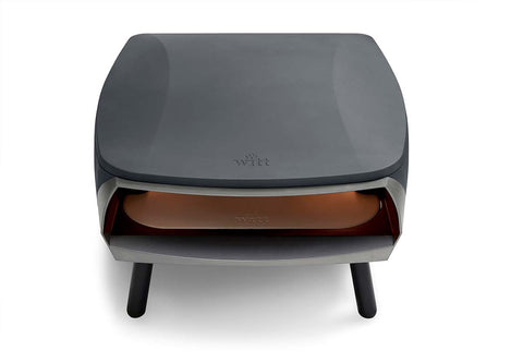 Der Witt ETNA FERMO Gas Pizzaofen verfügt über eine mattschwarze, gewölbte Platte, eine Edelstahlfront, drei kurze Beine, eine Steinbackfläche und einen U-förmigen Gasbrenner - ideal für authentische neapolitanische Pizzen.