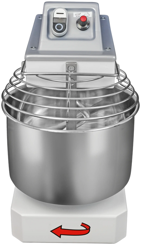 Der Famag Grilletta IM 5 Spiralkneter 10V ist ein gewerblicher Spiralkneter mit Edelstahlschüssel und Schutzgitter, der für den professionellen Einsatz konzipiert ist. Das Bedienfeld oben umfasst zwei Tasten: eine schwarze mit einem weißen Kreis und eine rote. An der Unterseite des Mixers ist ein nach links zeigender Pfeil angebracht, der 10 Geschwindigkeiten bietet.