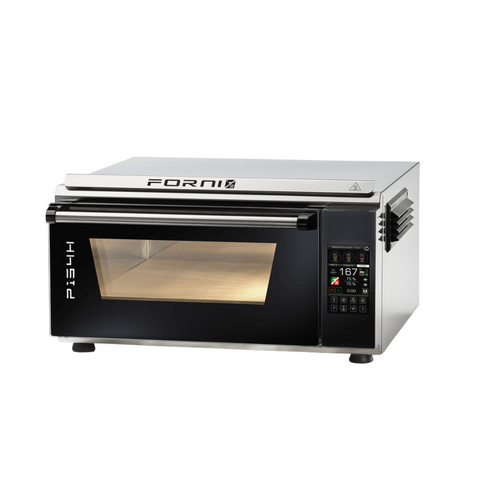 Ein eleganter Pizzaofen Effeuno P134H 509°C Evolution aus Edelstahl mit Biscotto Pizzastein und einem digitalen Bedienfeld auf der rechten Seite. Die Vorderseite verfügt über eine schwarze Glastür mit silbernem Griff und einem rechteckigen Sichtfenster. Mit der Aufschrift „Effeuno“ auf der Oberseite und „P134H“ auf der Tür sorgt er mit seiner PID-Temperaturregelung für neapolitanische Pizzaqualität.