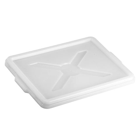 Coperchio in plastica bianca, rettangolare, con superficie piatta e un disegno a forma di croce dentellata al centro. I bordi sono leggermente rialzati e presenta piccole linguette sporgenti su due lati opposti per facilitarne la manipolazione: un must del vostro Starter Kit Pizzalovers.