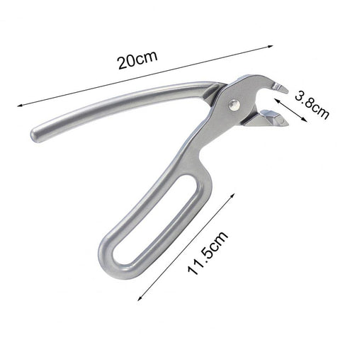 Die Zange für Pizzablech von Pizzalovers ist ein Metallklauenwerkzeug mit zwei Griffen, von denen einer ein kreisrundes Griffloch hat, und verfügt über ein ergonomisches Design. Die Maße von 20 cm, 11,5 cm und 3,8 cm sind neben dem Werkzeug angegeben und geben seine Abmessungen an.