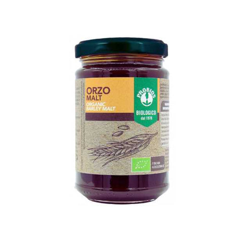 Ein Glas Pizzalovers Orzo Malt (Gerstenmalz, BIO), ein vielseitig einsetzbares Süßungsmittel, ist vor einem schlichten Hintergrund abgebildet. Das Etikett zeigt eine Gerstenabbildung, was darauf hinweist, dass es biologisch und italienischen Ursprungs ist. Das Produkt ist als „Biologico dal 1978“ gekennzeichnet und weist verschiedene sichtbare Zertifizierungen auf.