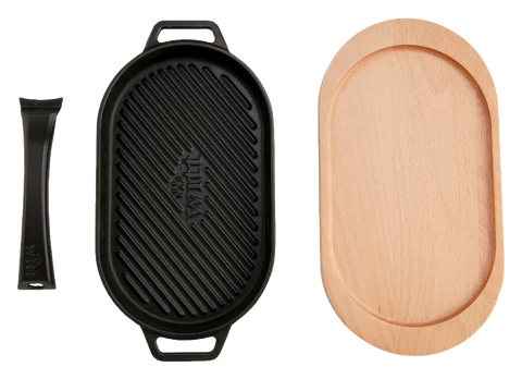 WITT Grillpfanne oval Gusseisen gerillt mit Holzbrett, Ansicht von oben