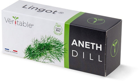 Die Schachtel Véritable Lingot Dill - Organic Samen mit der Aufschrift „ANETH DILL“ zeigt ein Bild von Bio-Dill und enthält das Bio-Logo. Die Verpackung wurde in Frankreich für Ihren Indoor-Garten hergestellt und kombiniert elegant die Farben Weiß, Grün und Schwarz.