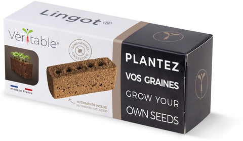 Eine Verpackungsschachtel mit der Aufschrift „Véritable“ enthält ein Véritable Lingot Grow Anything – Organic Samen. Die Schachtel zeigt eine Abbildung von Samen, die aus der Erde sprießen, mit dem Text: „Plantez vos graines, grow your own seeds.“ Perfekt für Ihren Indoor-Garten und in Frankreich aus organischem Substrat hergestellt.