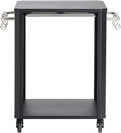Der Cozze Outdoor-Tisch mit Ausziehtisch ist ein schwarzer Metallwagen mit offener Front, flacher Oberseite, unterer Ablage und seitlichen Griffen - ideal für den Einsatz im Freien oder zur Aufbewahrung von Pizzaofen-Zubehör. Vier Räder sorgen für leichte Mobilität.