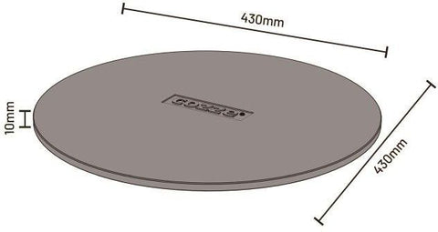 Ein Diagramm eines flachen, runden Cozze Pizzasteins für 17 Zoll Pizzaofen Rotate 43cm, hergestellt aus Cordierit, 430mm im Durchmesser und 10mm dick. In der Mitte befindet sich der Schriftzug "Cozze", ähnlich wie bei klassischen Pizzasteinen.