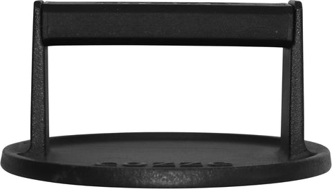 Die Cozze Burgerpresse/Fleischpresse 160x80mm aus schwarzem Gusseisen mit flachem Boden und waagerechtem Griff ist ideal für die Zubereitung von Smashburgern und wird auf einem schlichten weißen Hintergrund gezeigt.