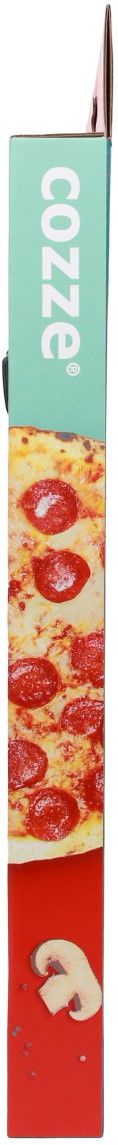 Seitenansicht einer Cozze-Pizzaschachtel mit einem türkisfarbenen Deckel mit der Aufschrift "COZZE", einer Peperoni-Pizza in der Mitte und einem roten Unterteil mit Käse, Peperonischeiben und Grafiken für Pizzaschaufel, Thermometer und Pizzaschneider.