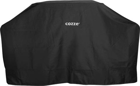 Die Cozze Abdeckung für Aussenküche 180 von Cozze ist wetterfest, trägt in der Mitte ein weißes "Cozze"-Logo und passt über einen großen rechteckigen Grill.