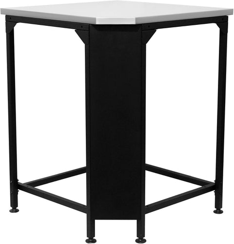 Der Cozze Eckschrank für Aussenküche mit Edelstahlplatte verfügt über ein modernes sechseckiges Design mit robusten schwarzen Metallbeinen, einer eleganten weissen Platte und verstellbaren Füssen - ideal für jede Aussenküche oder als Teil Ihres Cozze Küchen-Moduls.