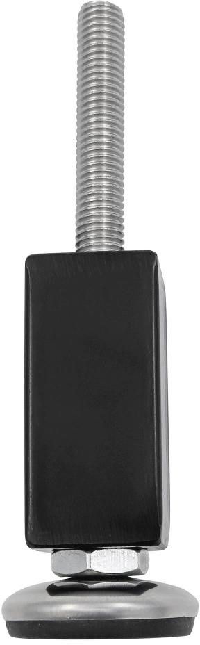 Eine Nahaufnahme der Cozze Beine für Außenküche (2 Stück, 110mm) - verstellbare Füße mit Gewindestangen aus Metall, schwarze rechteckige Kunststoffblöcke und runde Metallsockel - die perfekten Ersatzbeine für Ihre Außenküche von Cozze.