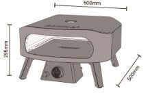 Ein Diagramm des Cozze 13 Zoll Pizzaofen CLASSIC, Gas 50mbar - CH-Regler von Cozze, zeigt einen kompakten Gasofen mit vier abgewinkelten Beinen, Frontöffnung, Bedienknopf, Cordierit Pizzastein, und beschrifteten Abmessungen: 500x500x295mm.