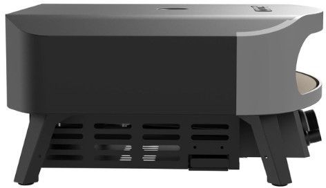 Eine Seitenansicht des Cozze 17 Zoll Pizzaofen CLASSIC von Cozze, der sich durch ein elegantes, mattschwarzes und graues Design, einen belüfteten Boden, einen gewölbten Deckel und einen Cordierit-Pizzastein für perfekte Pizzen bei bis zu 500 °C auszeichnet. Geeignet für Gas (50mbar) mit CH-Regler.