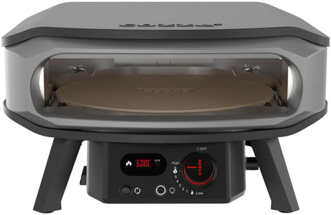 Der Cozze 17 Zoll Pizzaofen PREMIUM ROTATE, Gas 50mbar - CH-Regler von Cozze verfügt über eine Frontöffnung, einen sichtbaren, drehbaren Pizzastein, einen Bedienknopf, eine Digitalanzeige und robuste Beine - ideal für selbstgemachte neapolitanische Pizza.