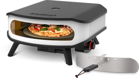 Der Cozze 17 Zoll Gas Pizzaofen mit CH-Regler verfügt über einen rotierenden Pizzastein, einen Temperaturregler und eine elegante schwarz-weiße Oberfläche - ideal für die Zubereitung von Pizza im Freien.