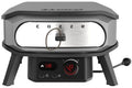 Frontansicht des Cozze 13 Zoll Pizzaofen PREMIUM ROTATE, ein elektrischer 230-Volt-Pizzaofen von Cozze, mit digitaler Anzeige von 530°C, Temperaturregler, CH-Stecker, schwarz-silbernem Design und drehbarem Pizzastein.