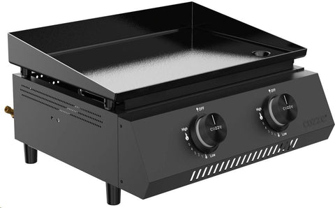 Die Cozze G-400 Plancha, Gas 50mbar - CH-Regler von Cozze verfügt über zwei Bedienknöpfe, eine flache Kochfläche und belüftete Seiten - ideal für das Kochen im Freien mit seinem kompakten Design.