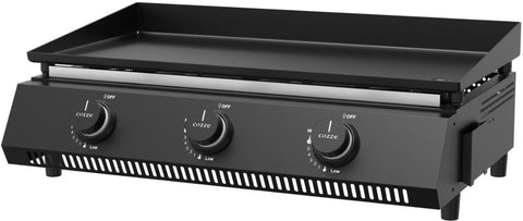 Der Cozze G-700 Plancha Gasgrill (50mbar, CH-Regler) von Cozze verfügt über drei Bedienknöpfe, eine rechteckige emaillierte Kochfläche für gleichmäßige Hitze und eine praktische seitliche Fettauffangschale.