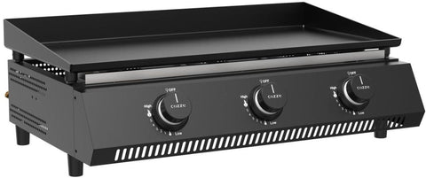 Die Cozze G-700 Plancha, Gas 50mbar - CH-Regler ist eine schwarze, rechteckige Grillplatte von Cozze mit drei Bedienelementen an der Vorderseite und einer emaillierten, flachen Kochfläche.