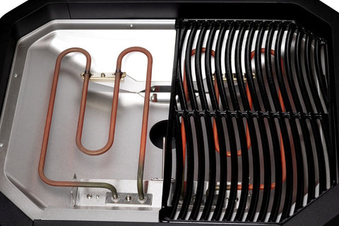 Nahaufnahme des Cozze E-500 Grills von Cozze: Seine Zwei-Zonen-Technik zeigt links ein rot leuchtendes Heizelement und rechts einen schwarzen Grillrost - perfekt zum Grillen auf dem Balkon. Elektrisch betrieben (230V, CH-Stecker).