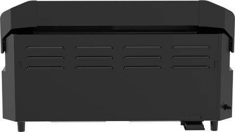 Rückansicht des Cozze G-800 COMBO Plancha-Grill, Gas 50mbar mit Lüftungsschlitzen, Warmhalterost und Fußschalter-perfekt für Ihre Grillanlage mit 3 Brennern. Marke: Cozze.