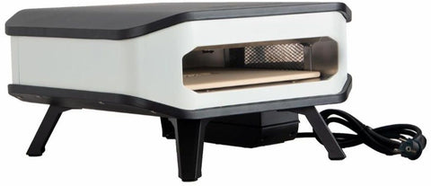 Der Cozze 13 Zoll Pizzaofen, elektrisch V230 (CH-Stecker) von Cozze verfügt über ein modernes schwarz-weißes Design, vier stabile Beine, eine offene Front, ein sichtbares Stromkabel und einen Cordierit-Pizzastein für perfekte Krusten.